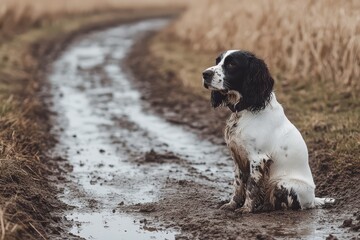 A dog with black-and-white fur sits on a muddy path in a rural landscape surrounded by fields of dry grass.