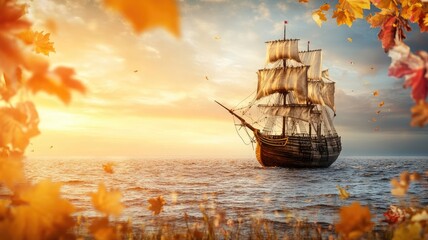Obraz premium Historical ship sailing on ocean surrounded by autumn leaves under golden sunset