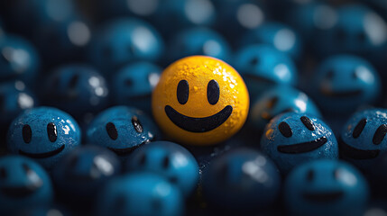 A close-up of a yellow smiley emoji standing out from a blue sad one
