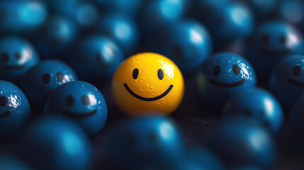 A close-up of a yellow smiley emoji standing out from a blue sad one