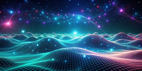 Futuristic abstract landscape with glowing waves and particle dots in a retro sci-fi style