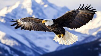 Fototapeta premium Bald eagle soaring in front of snow-capped mountains