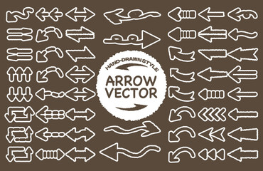 Hand-drawn style variety of arrow vector. Doodle mega set of sketch arrow for business plan and education. Flat Yajirushi icon illustration. Line, Point, Round, Circle. Cartoon style arrows. Brush.