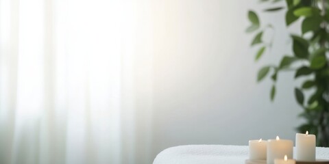 A calming spa environment with neatly lined lit candles emitting soft, warm light, enhancing the tranquil and serene atmosphere perfect for relaxation and rejuvenation.