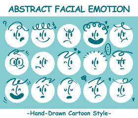 Abstract flat face with variety cute and funny facial expression set. Cartoon doodle style round character emotion. Comic colorful happy, calm, worry, angry, anxiety, smile face with line draw hair