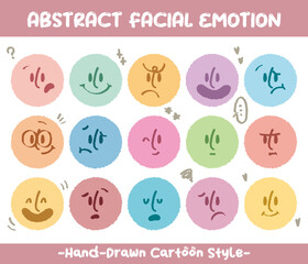 Round abstract faces with various emotions set. Crayon drawing style emoticons collection. Different colored avatar. flat design, hand drawn fashion vector illustration emotional.