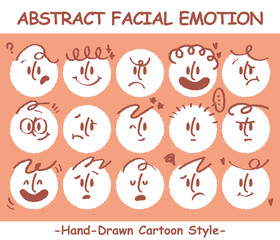 Round abstract faces with various emotions set. Crayon drawing style emoticons collection. Different colored avatar. flat design, hand drawn fashion vector illustration emotional.