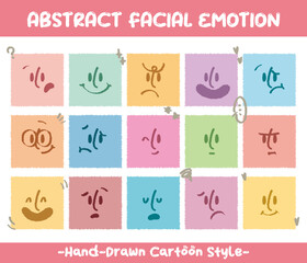 Fototapeta premium Square abstract faces with various emotions set hand drawn style. Crayon drawing style emoticons collection. Different colored avatar. flat design, hand drawn fashion vector illustration emotional.