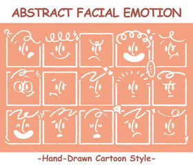 Square abstract faces with various emotions set hand drawn style. Crayon drawing style emoticons collection. Different colored avatar. flat design, hand drawn fashion vector illustration emotional.
