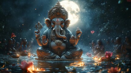 A serene night scene with Lord Ganesha statue illuminated under the moonlight, surrounded by water and flowers, evoking peace and spirituality.