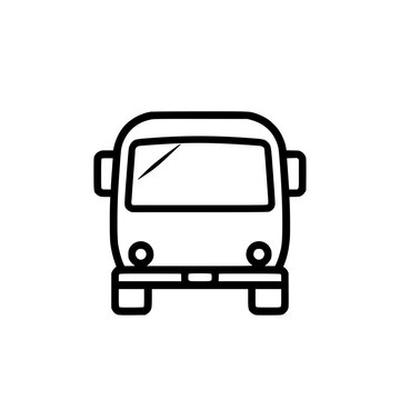 recommend clip art: Black and white line drawing of a bus front view on a white background.