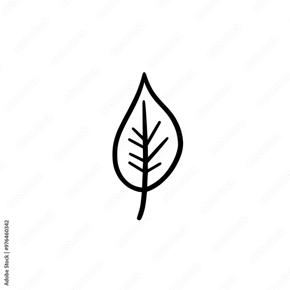 Sticker simple black and white line drawing of a leaf with a single vein and pointed tip.