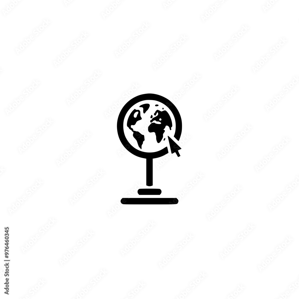 Wall mural minimalistic black and white icon of a globe with a pointing cursor.
