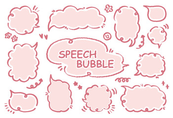 Set of hand-drawn pink purple color style speech bubbles Cute memo with blank to text. Collection of doodle lettering speech box.Colorful dialog frame in flat design for short message.Sticker for chat