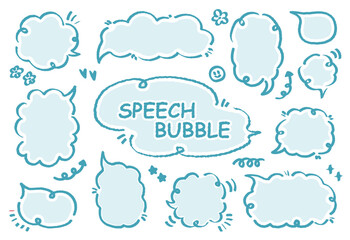 Set of hand drawn style cute memo sticker. Variety abstract shapes of blue speech bubble. Girl style frame with crayon draw. Chat box balloon cloud. Sweet retro label tag collection vector for text