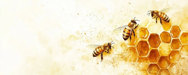 Sweet Honeycomb Delight - Watercolor Illustration with Bees in a Natural Yellow Scheme, Organic Texture, Copy Space for Text