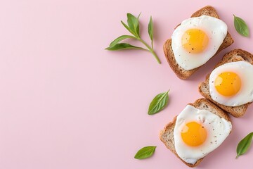 Three fried eggs on toasted bread with herbs, served on a pink background. A simple and nutritious breakfast offering protein and flavor for a healthy and energizing start to the day.