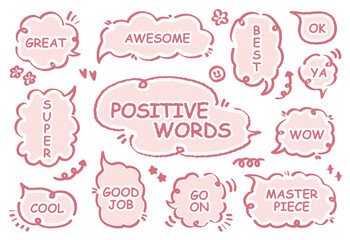 Comic style cute quote colorful speech bubble with positive words. Set of hand drawn memo frame. Cartoon doodle crayon drawing cloud, box, message. Flat vector. Best, Awesome, WOW, Master, Piece, Go