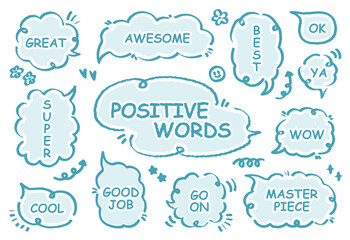 Comic style cute quote colorful speech bubble with positive words. Set of hand drawn memo frame. Cartoon doodle crayon drawing cloud, box, message. Flat vector. Best, Awesome, WOW, Master, Piece, Go