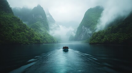 A small boat navigates through misty fjords surrounded by lush green mountains, creating a tranquil and mystical atmosphere.