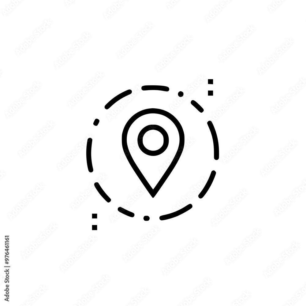 Wall mural minimalistic black and white location pin icon with dashed circular boundary.