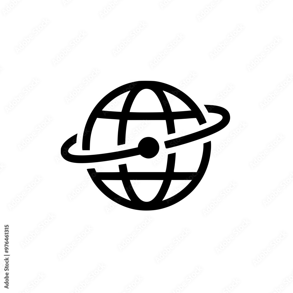 Wall mural black and white icon of a globe with an orbit ring symbolizing global connection and technology.