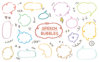 Cute memo of colorful Crayon drawn line out speech bubbles. Hand drawn doodle lettering quote frame for text. Set of variety shape sticker. Thinking and chat box. Line speech cloud. Cloud, Box, Blank
