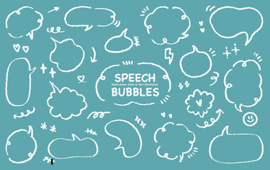 Set of hand drawn style cute memo sticker with blue background. Variety abstract shapes of white speech bubble. Crayon draw style frame . Chat box balloon cloud.Retro blank label tag vector for text