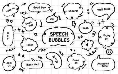 Comic style cute quote outline speech bubble with positive words. Set of hand drawn memo frame. Cartoon doodle crayon drawing cloud, box, message. Flat vector Hello WOW Love Awesome Time BFF Come on
