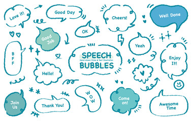 Comic style cute quote colorful speech bubble with short phrase. Set of hand drawn memo frame. Cartoon doodle crayon drawing cloud, box, message. Flat vector Good job Cheers Well done Awesome time on