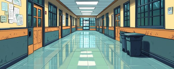 Fototapeta premium Vibrant School Hallway Illustration in a College Setting with Doors, Windows, and a Bin - Educational Environment Concept, Cartoon Style, Copy Space