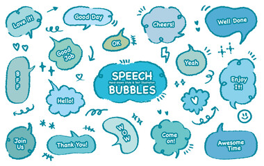 Comic style cute quote blue speech bubble with positive words. Set of hand drawn memo frame. Cartoon doodle crayon drawing cloud, box, message. Flat vector. Good job Well done Enjoy Awesome Time Love 
