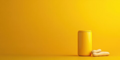 A yellow jar beside a peeled banana on a vibrant yellow backdrop, showcasing minimalism and monochromatic design, perfect for healthy food and lifestyle themes.