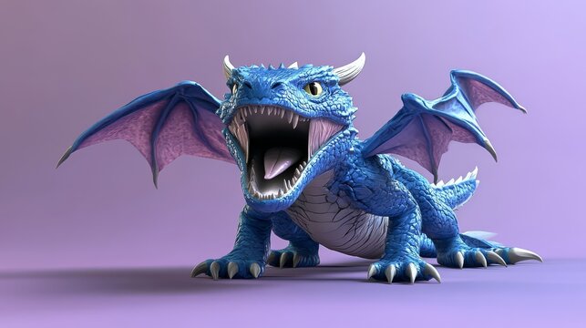 A vibrant blue cartoon dragon with wings spread and mouth open, set against a purple background. Perfect for fantasy or children's themes.