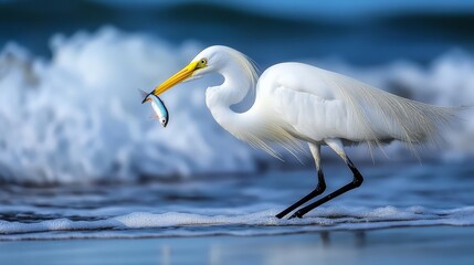 Obraz premium A white egret catches a fish at the shoreline with waves in the background, showcasing a stunning moment in nature.