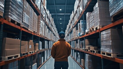A warehouse worker managing inventory with scanners and stock shelves, showcasing the logistics and organizational aspects of supply chain management.