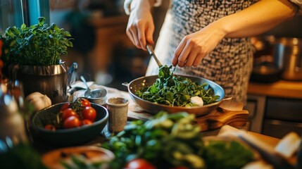 A warm and inviting kitchen with someone preparing a homemade dish, surrounded by the comforting smell of fresh herbs and spices.