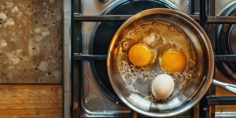 Bird's-eye perspective of a stainless steel pot with two eggs simmering on a gas burner for morning meal preparation.