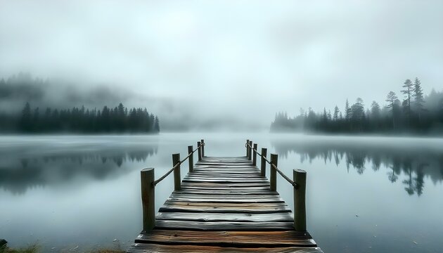 A wooden bridge over a still lake surrounded by a misty, forested landscape, 8k, hyper realistic