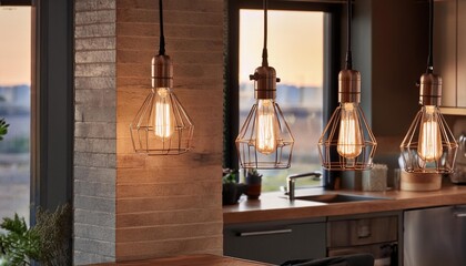 Industrial pendant lights with exposed bulbs creating a bold ambiance in a modern kitchen