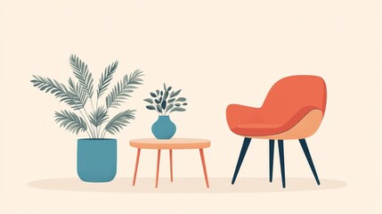 Fototapeta premium Minimalist Scandinavian Furniture Illustration in Continuous Line Style with Vase of Plants, Simple and Elegant Design - Copy Space
