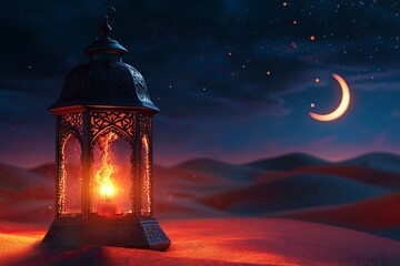 Ramadan Kareem - Arabic Lantern At Night In desert With Crescent Moon And Magic Glittering - Eid Ul Fitr , ai