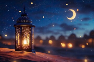 Ramadan Kareem - Arabic Lantern At Night In desert With Crescent Moon And Magic Glittering - Eid Ul Fitr , ai