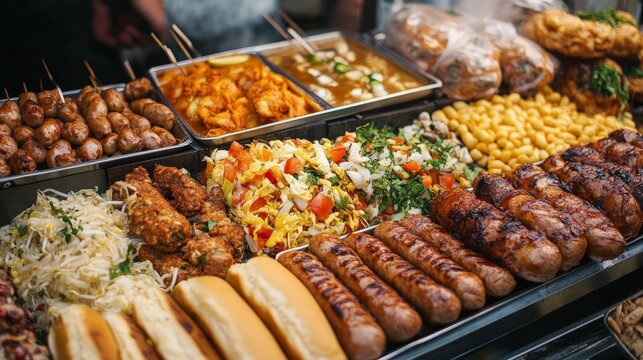 An array of traditional street foods from around the world, including Vietnamese pho, Brazilian feijoada, Turkish kebabs, and American hot dogs, all served together.