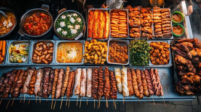 An array of traditional street foods from around the world, including Vietnamese pho, Brazilian feijoada, Turkish kebabs, and American hot dogs, all served together. - Powered by Adobe