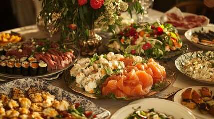 Fototapeta premium An elegant dinner party table with diverse cuisine from around the world, including Mediterranean salads, Japanese sashimi, and Brazilian barbecue, elegantly presented.