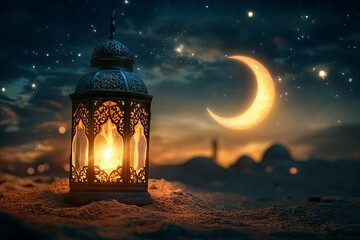 Ramadan Kareem - Arabic Lantern At Night In desert With Crescent Moon And Magic Glittering - Eid Ul Fitr , ai
