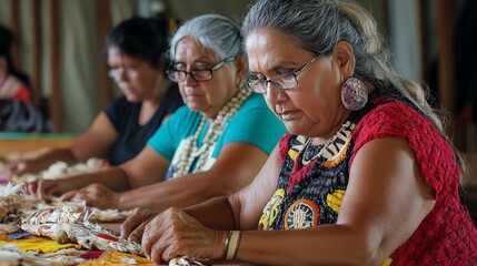 An indigenous art workshop with community members creating traditional crafts, demonstrating the transmission of cultural knowledge and techniques.