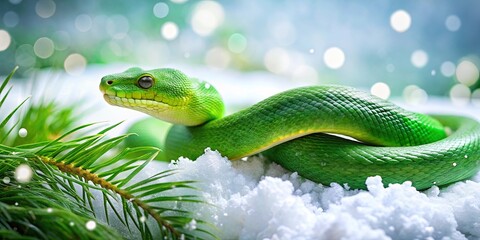 Fototapeta premium Green Christmas snake slithering in snowy setting with soft lighting