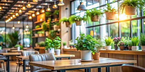 Modern cafe with blurred bokeh background and potted green plants, perfect for product display